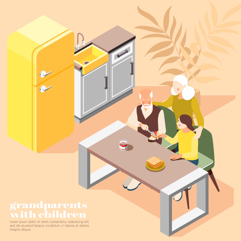 Grandparents with children isometric vector illustration of friendly family having breakfast in home kitchen interior