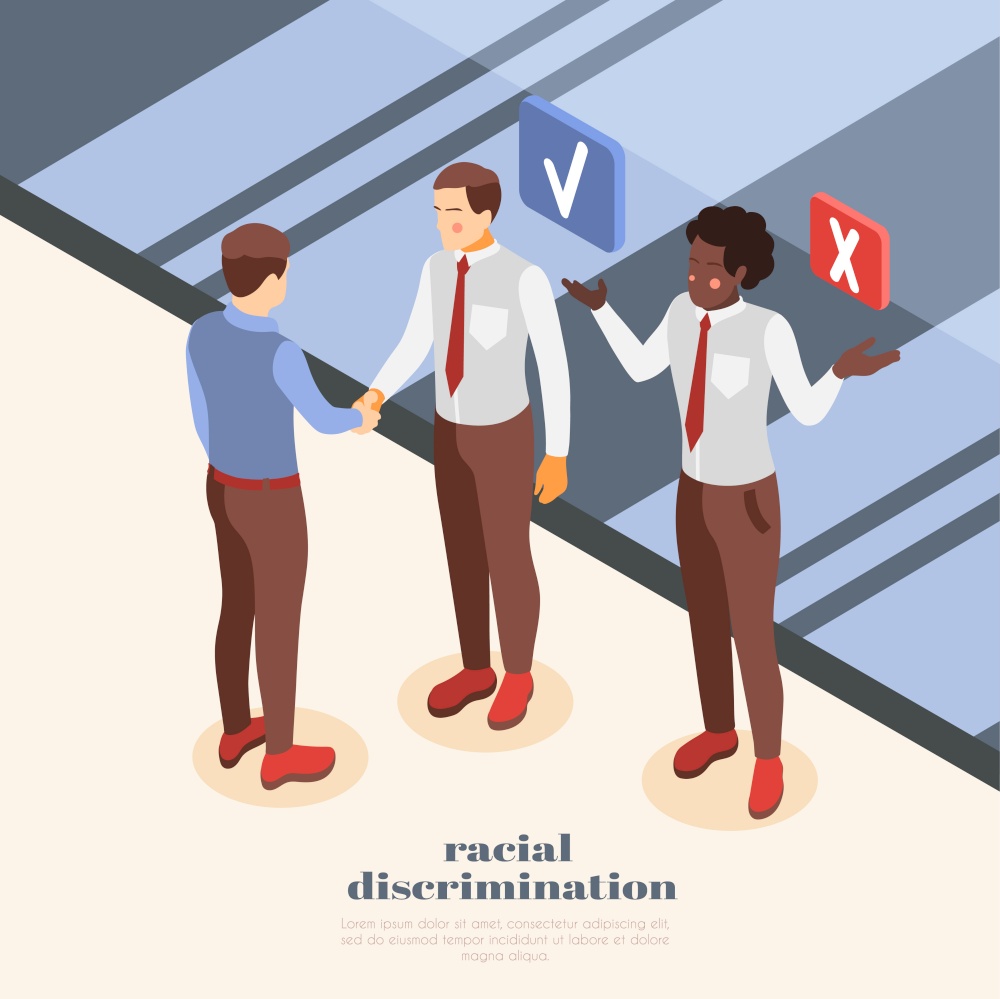 Social inequality background with man suffering from racial discrimination at work 3d vector illustration
