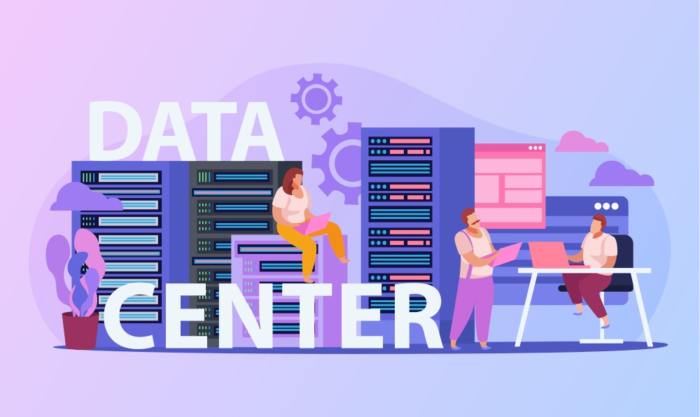 System administrators working in data center flat composition vector illustration