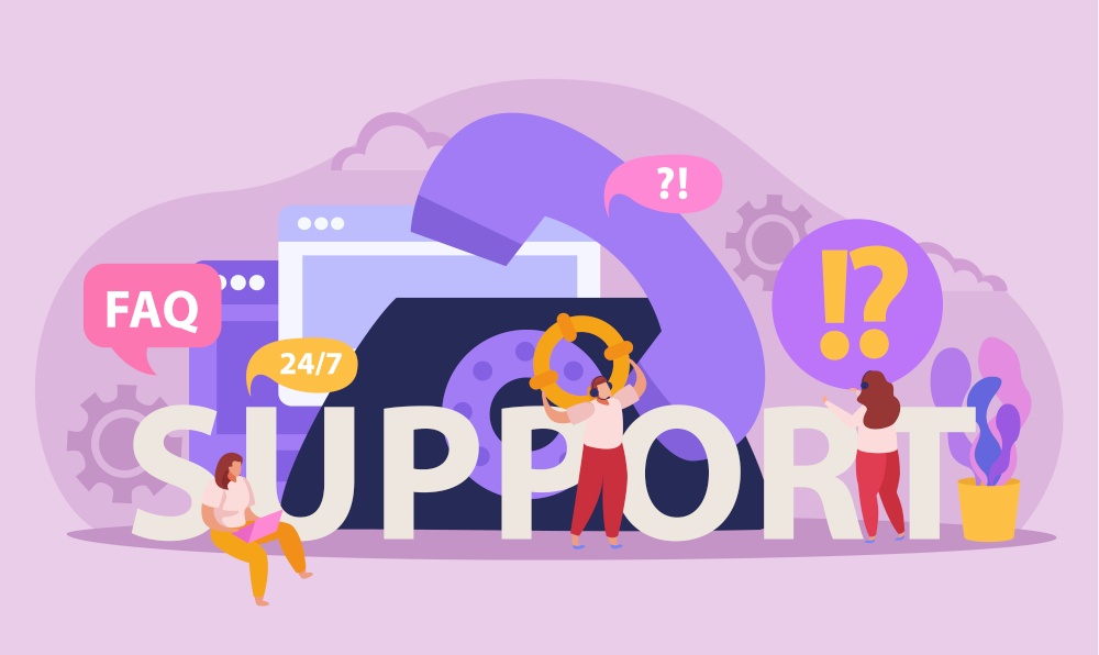 Flat composition with telephone and operators lending online support to client vector illustration