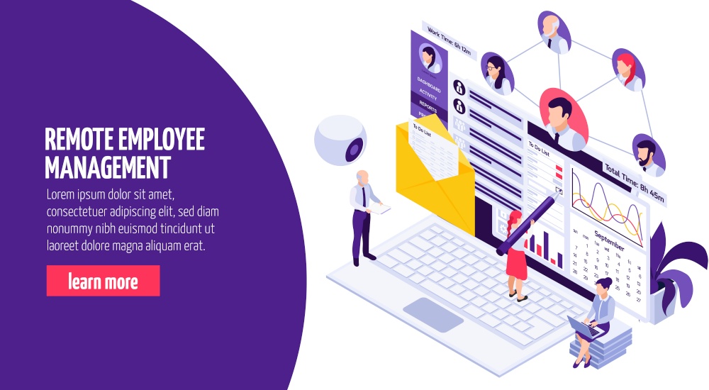 Remotely working employees management isometric web page composition with camera time progress results tracking software vector illustration