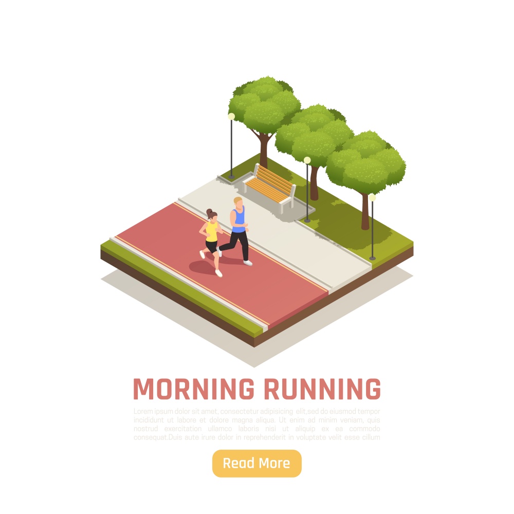 Morning running for personal growth health fitness benefits motivation for successful efficient workday isometric composition vector illustration
