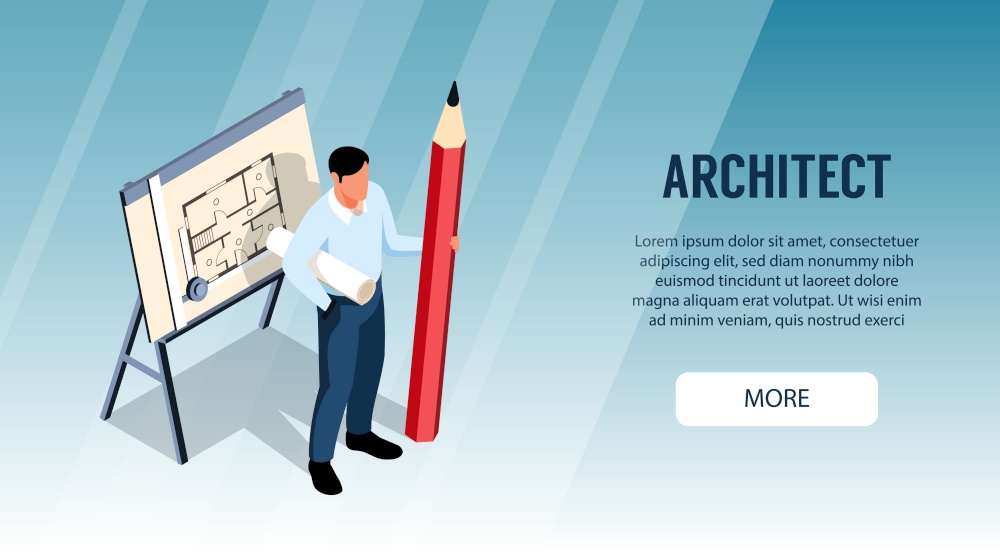 Architect horizontal banner with male character standing near drawing board and holding big pencil isometric vector illustration