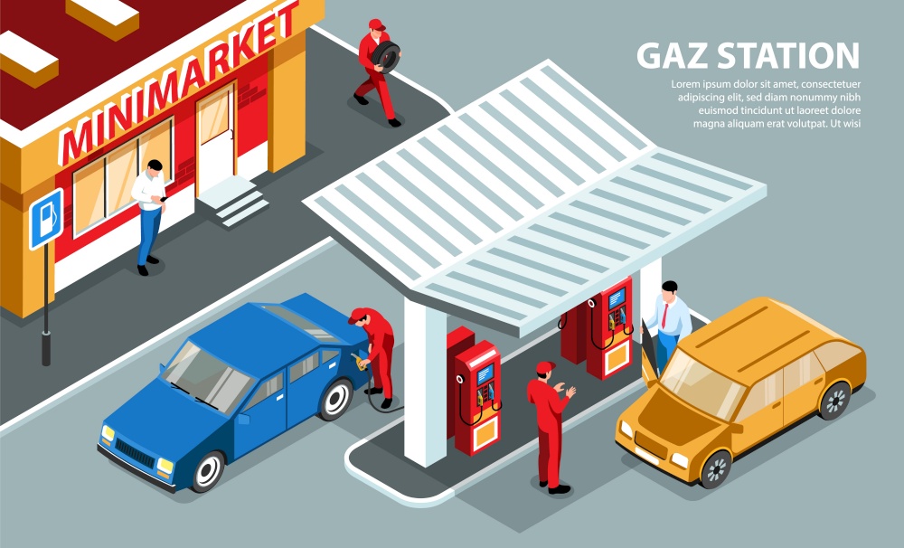 Gas station horizontal background  with fuelling stands under the visor and mini market isometric vector illustration