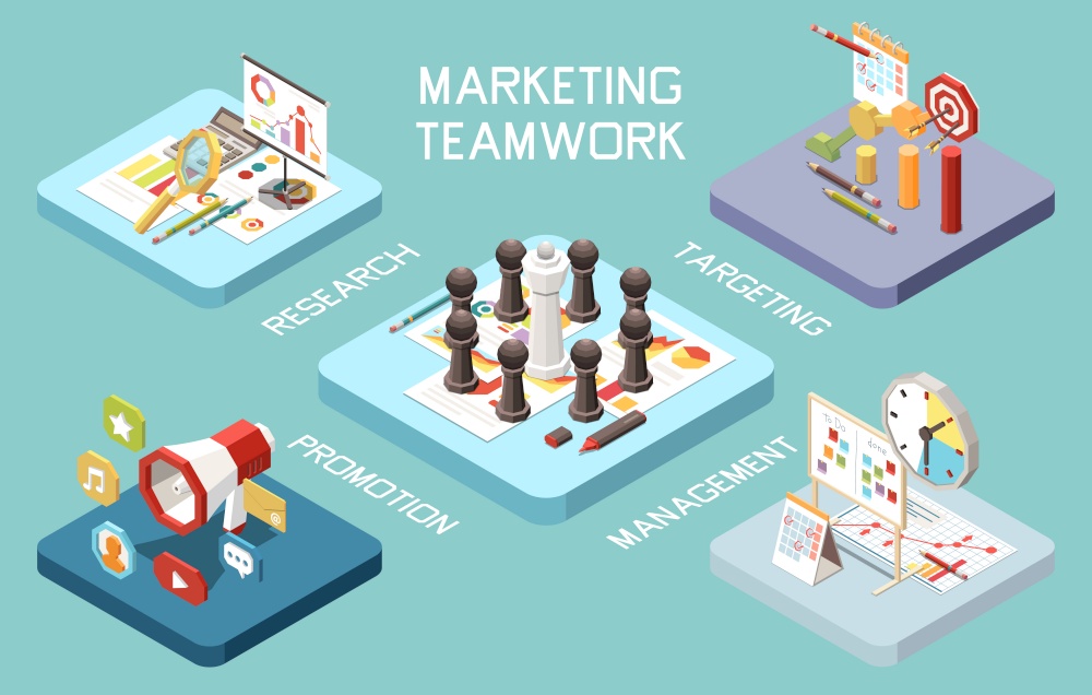 Marketing strategy concept isometric composition with set of platforms pictogram images infographic icons chess and text vector illustration