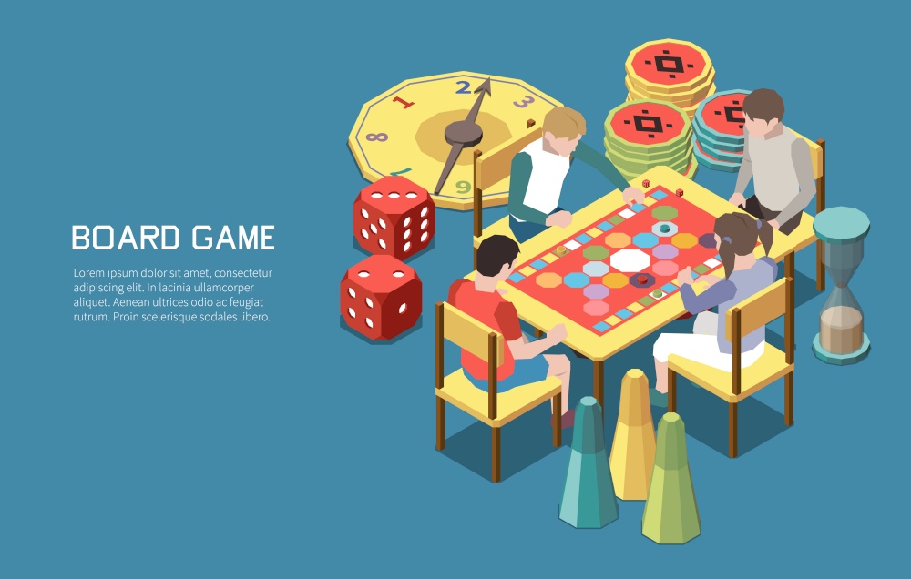 People playing board games isometric background with set of images with people at table and text vector illusration