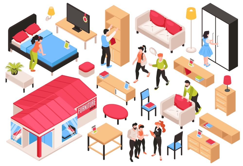 Furniture store isometric set of buyers sellers designers and wide choice of furniture samples isolated vector illustration