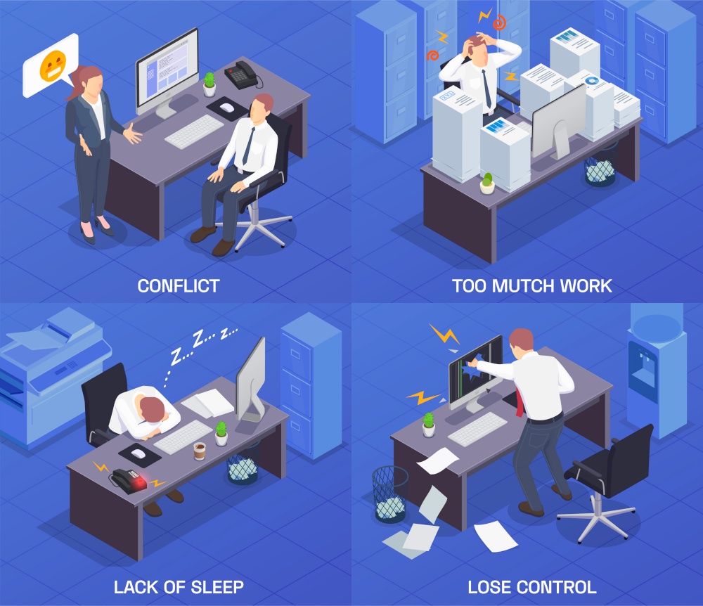 Squares problem situations at work isometric icon set with conflict too much work lack of sleep and lose control descriptions vector illustration