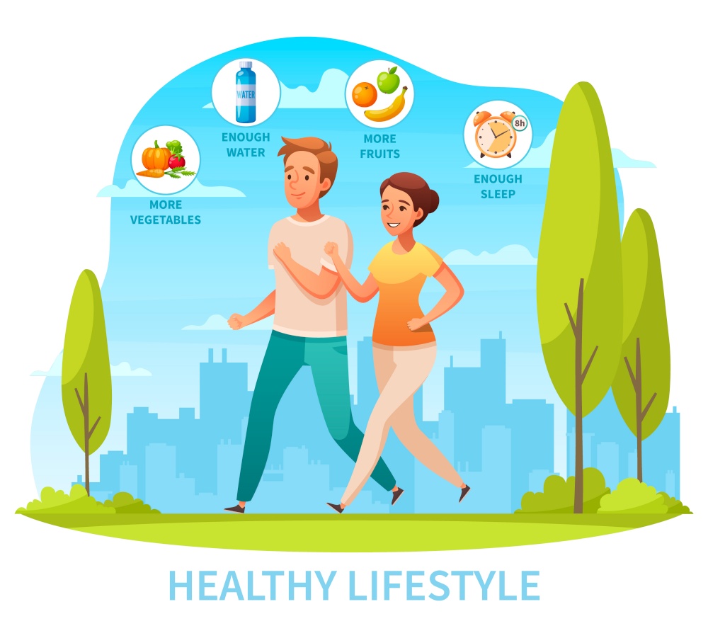 Healthy lifestyle diet exercise getting good sleep cartoon composition with jogging in city park couple vector illustration