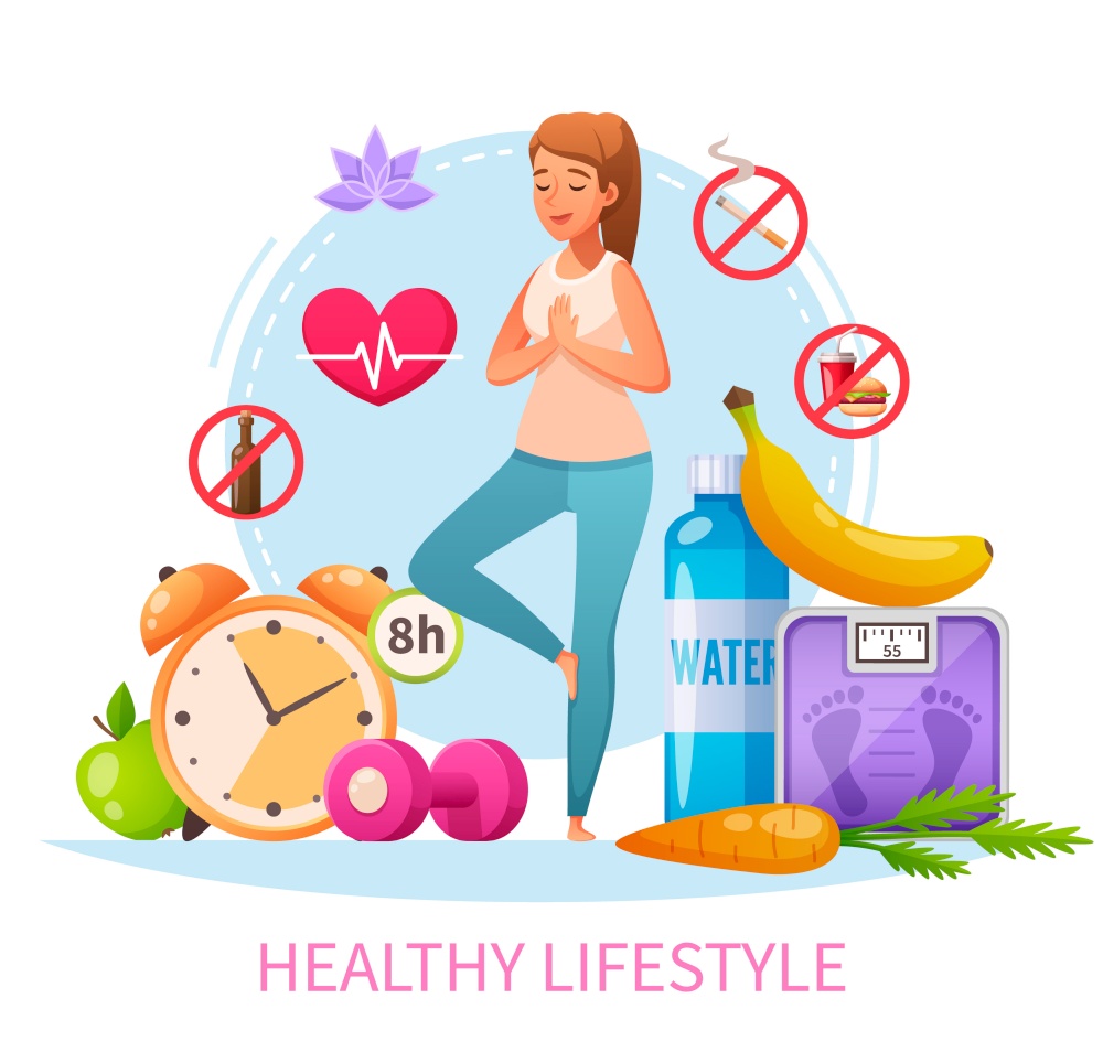 Healthy lifestyle habits cartoon composition with nonsmoking woman practice stress relieving yoga 8h sleep diet vector illustration