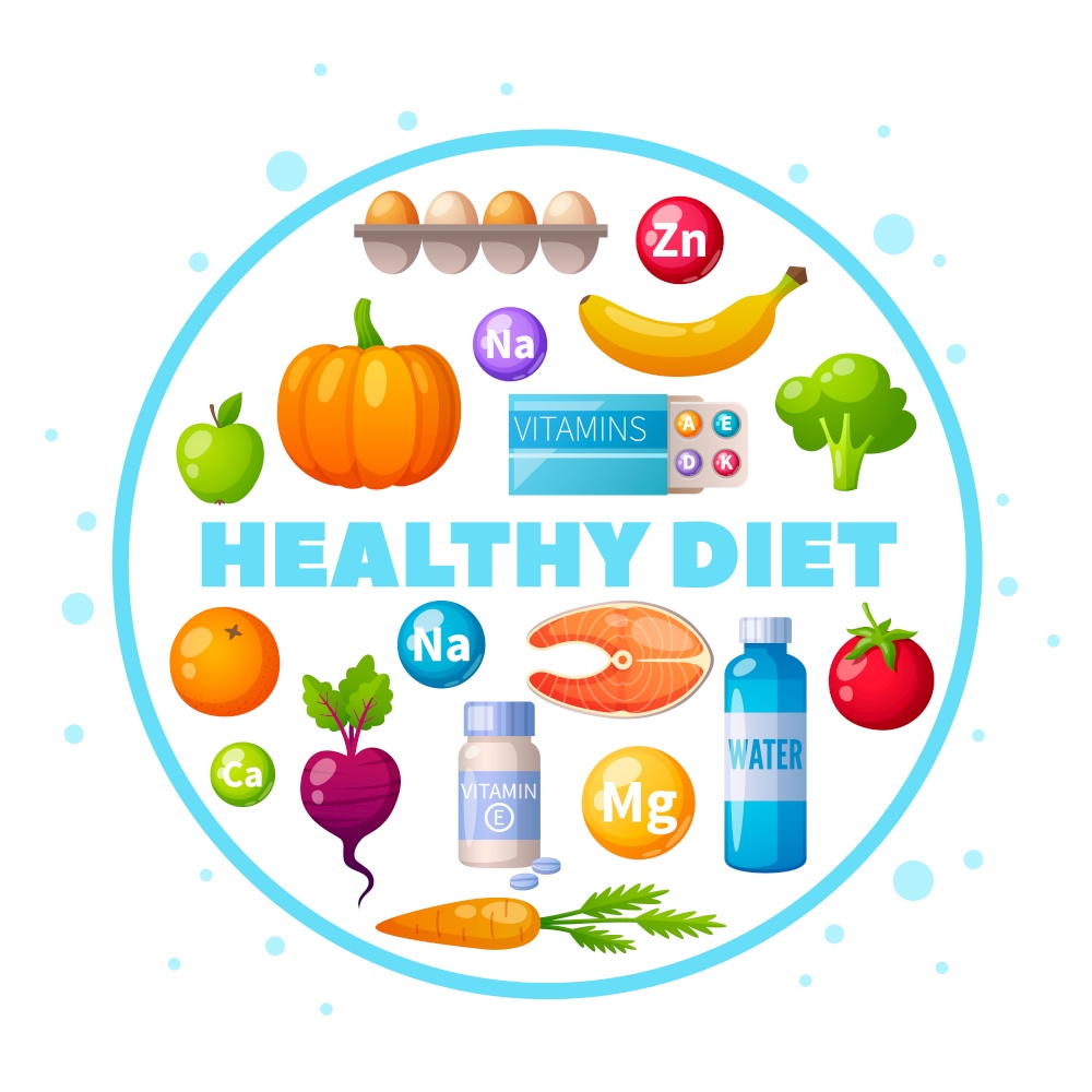 Nutritionist healthy eating diet advice cartoon circular composition with eggs salmon pumpkin fresh fruits vegetables vector illustration