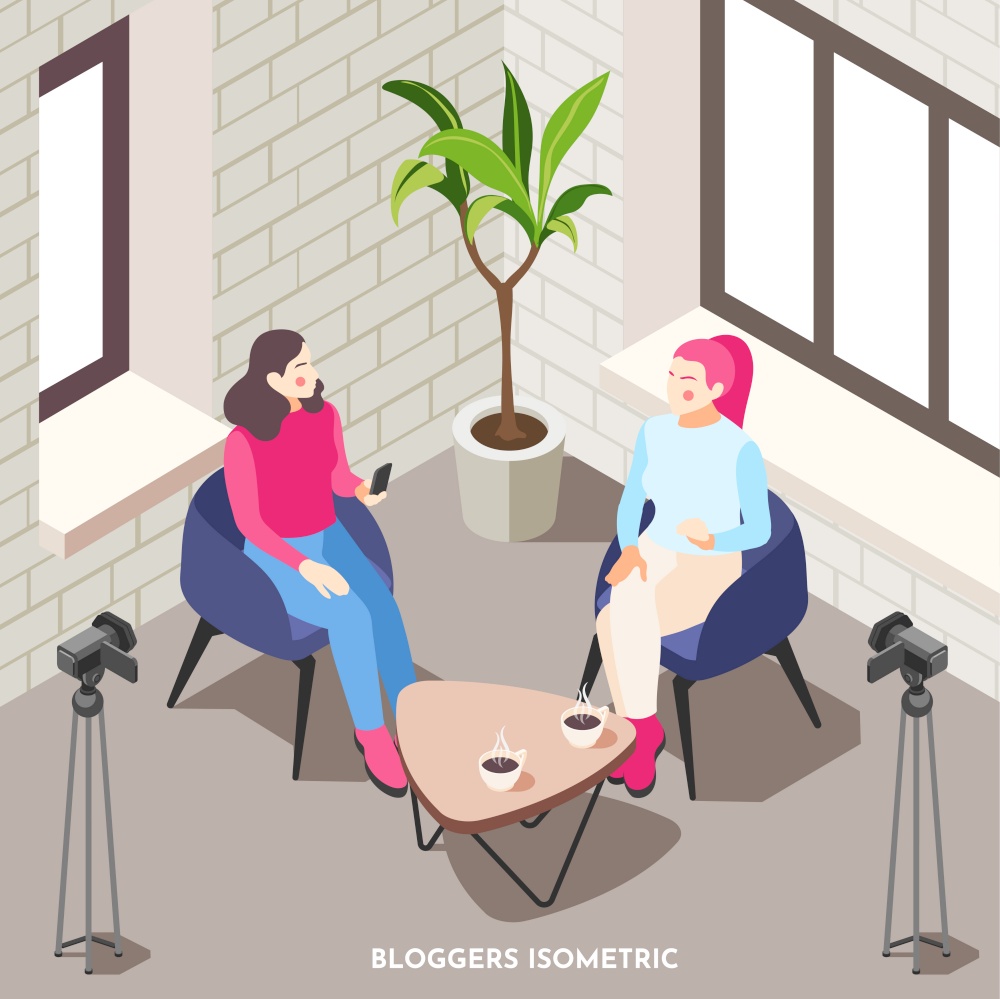 Isometric background with two female bloggers talking and taking video 3d vector illustration