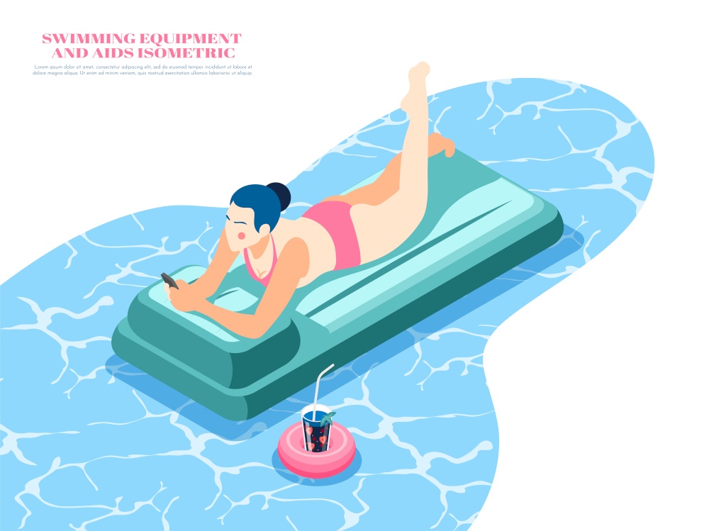 Swimming equipment isometric composition with woman lying on air bed in pool 3d vector illustration