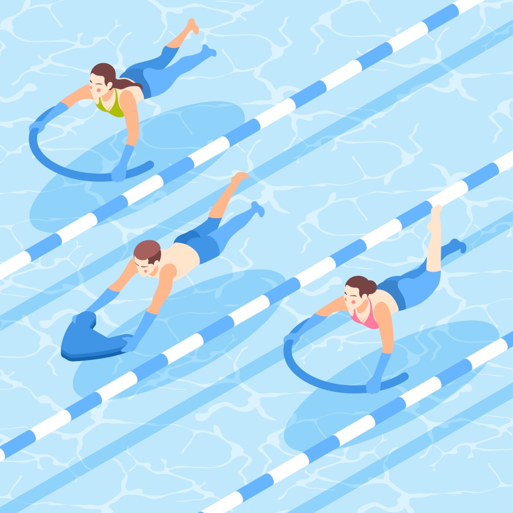 People learning to swim with aid in pool isometric background 3d vector illustration