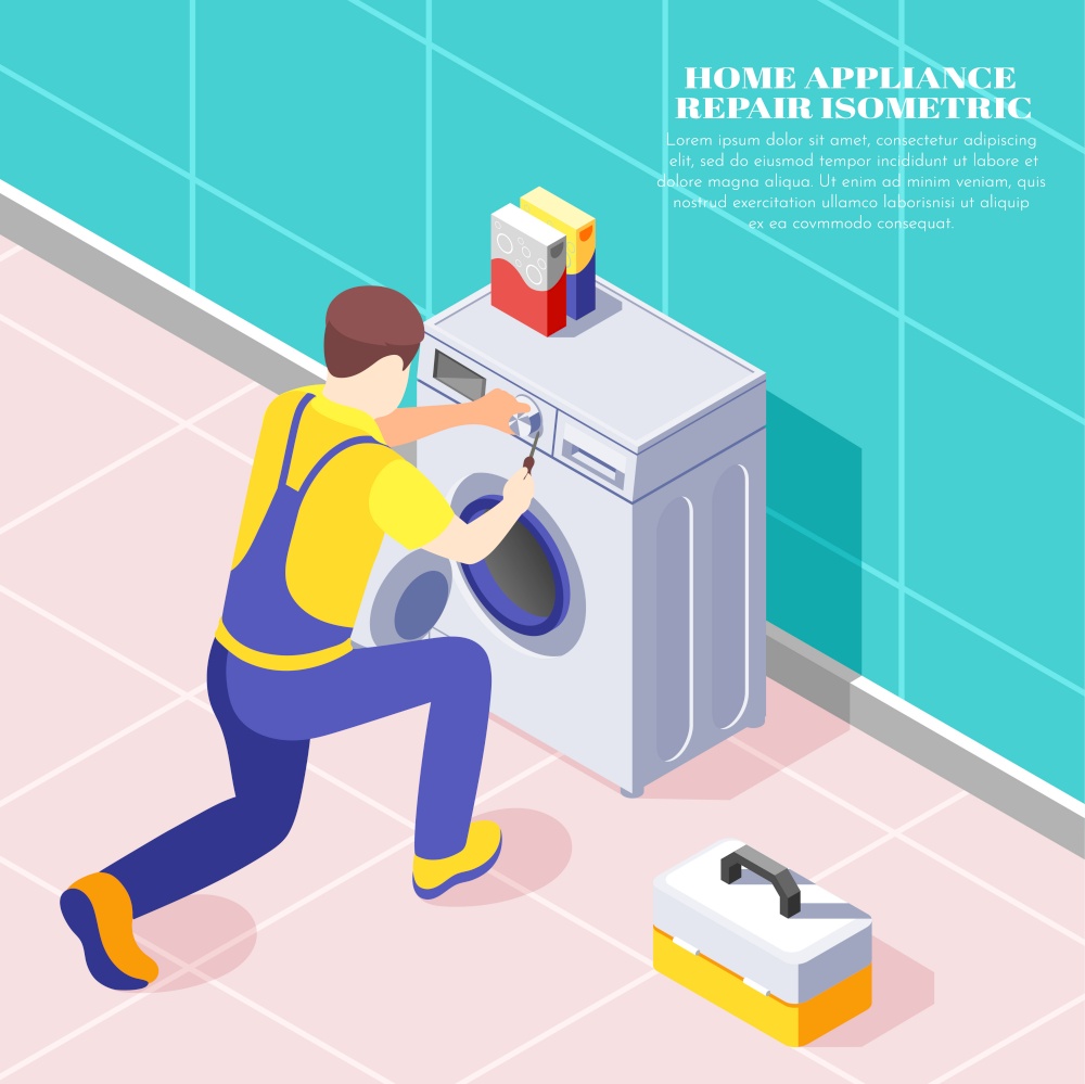 Man from home repair service fixing washing machine isometric background 3d vector illustration