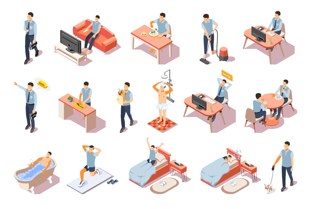 Isometric icons set with daily routine of man in morning afternoon evening 3d isolated vector illustration