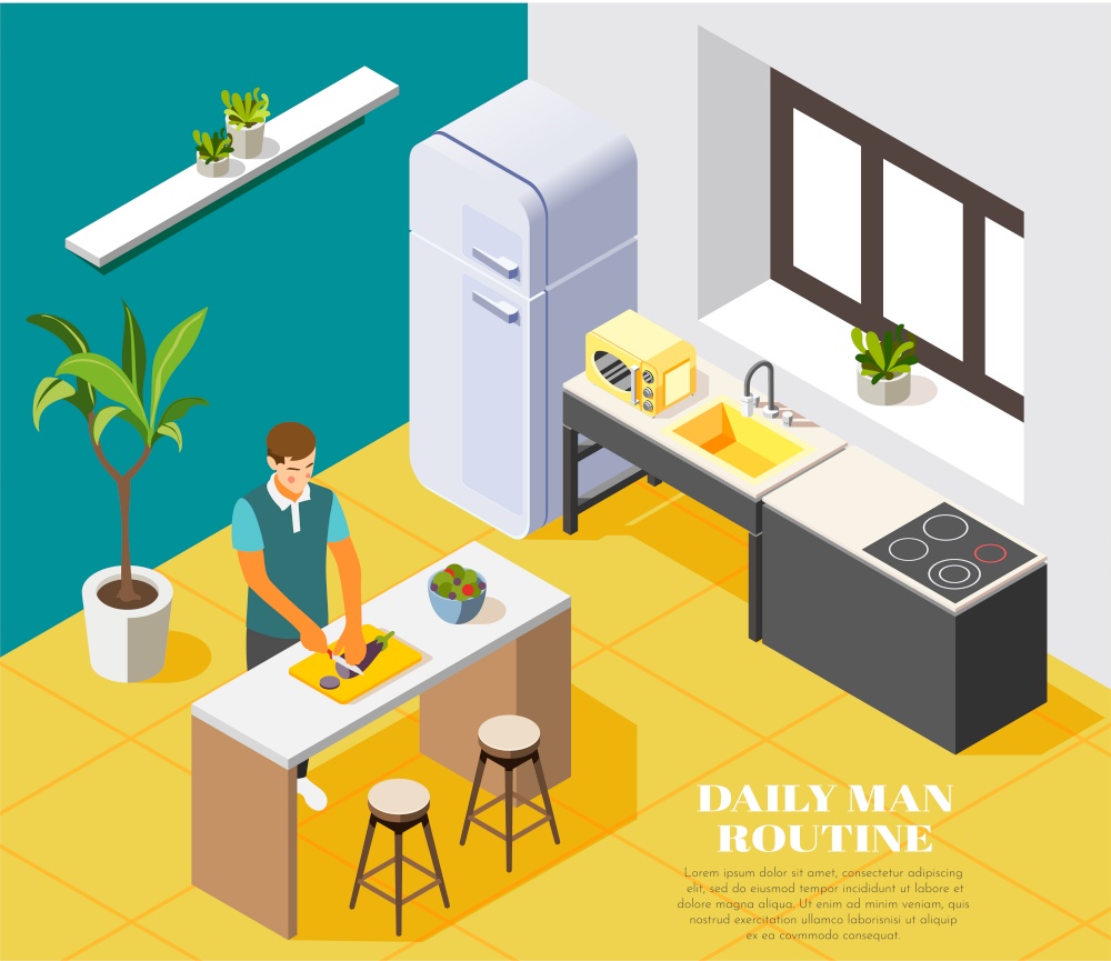 Daily routine background with man cooking in kitchen 3d isometric vector illustration