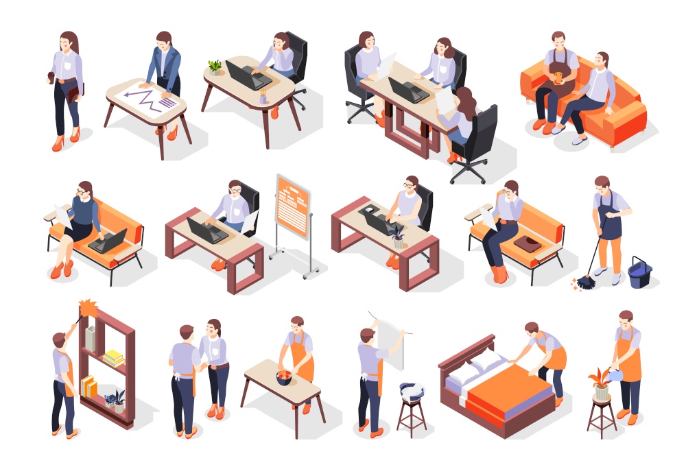 House husband doing chores and working woman in office icons set 3d isometric isolated vector illustration