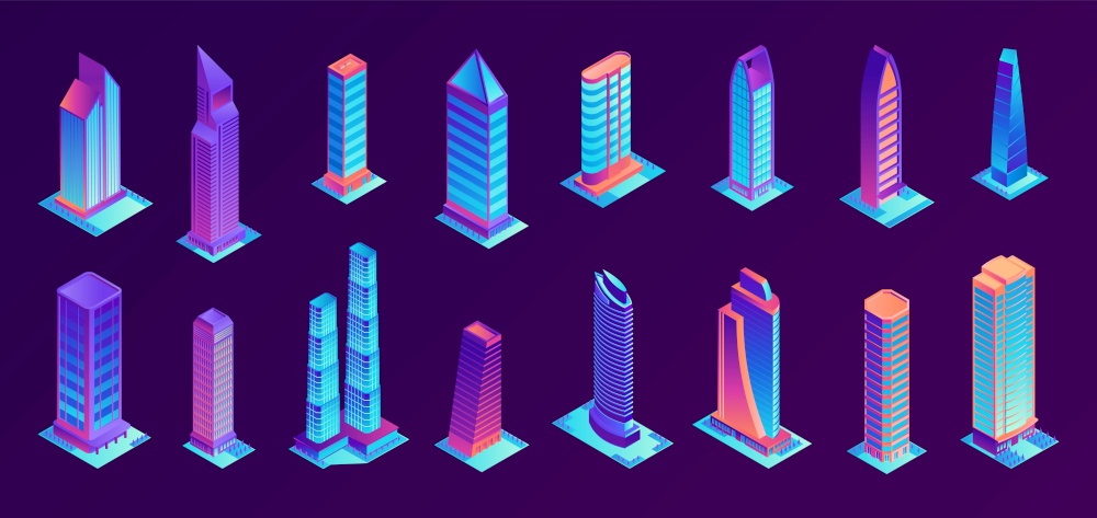 Isometric city skyscrapers color set with isolated images of neon colored high storey buildings futuristic architecture vector illustration