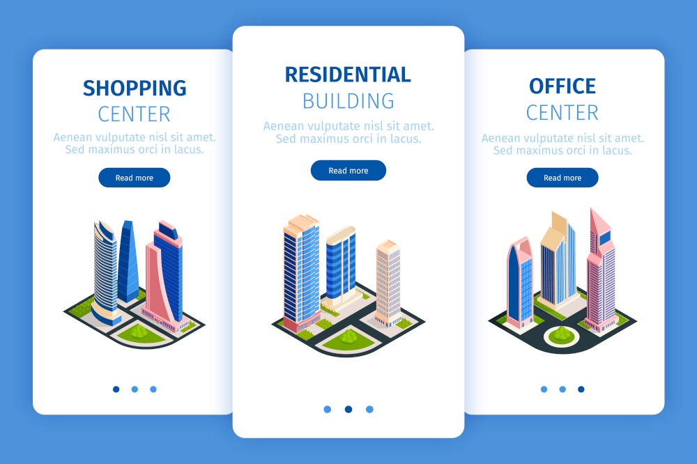 Isometric city skyscrapers banners set with images of city blocks high buildings and buttons with text vector illustration