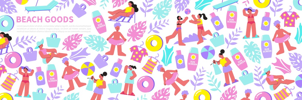 Seamless pattern for header with sun protection tools and people on beach flat vector illustration