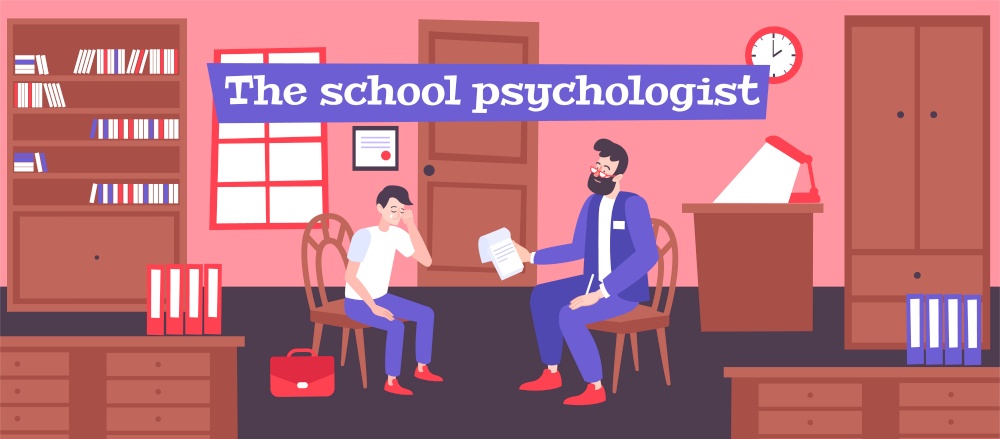 Psychologist help school flat composition with human characters of therapist and pupil having conversation in office vector illustration