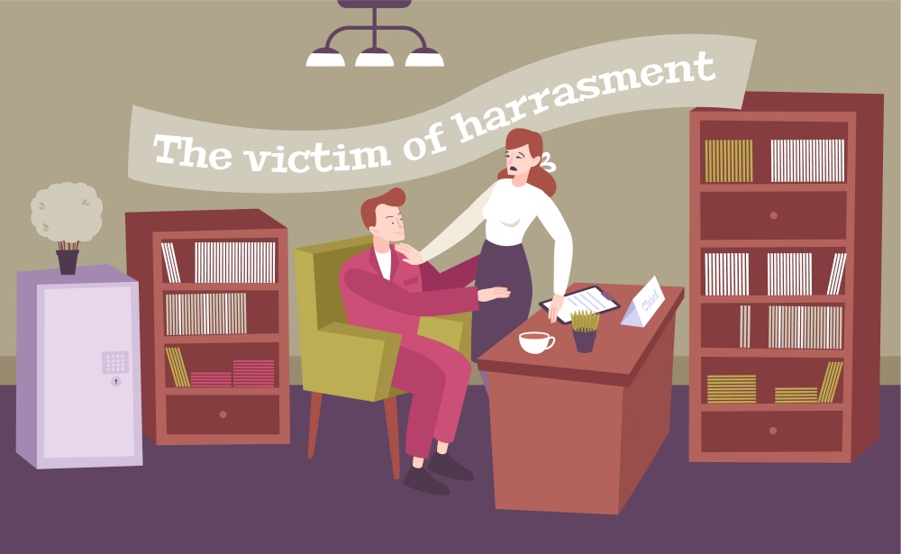 Harassment flat composition with indoor scenery office interior and boss harassing his secretary with editable text vector illustration