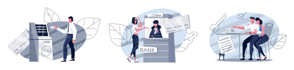 Set of three isolated bank compositions with flat human characters of workers with clients and paperwork vector illustration