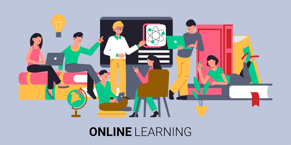 Online education composition with text and group of doodle human characters beyond books laptops and blackboard vector illustration