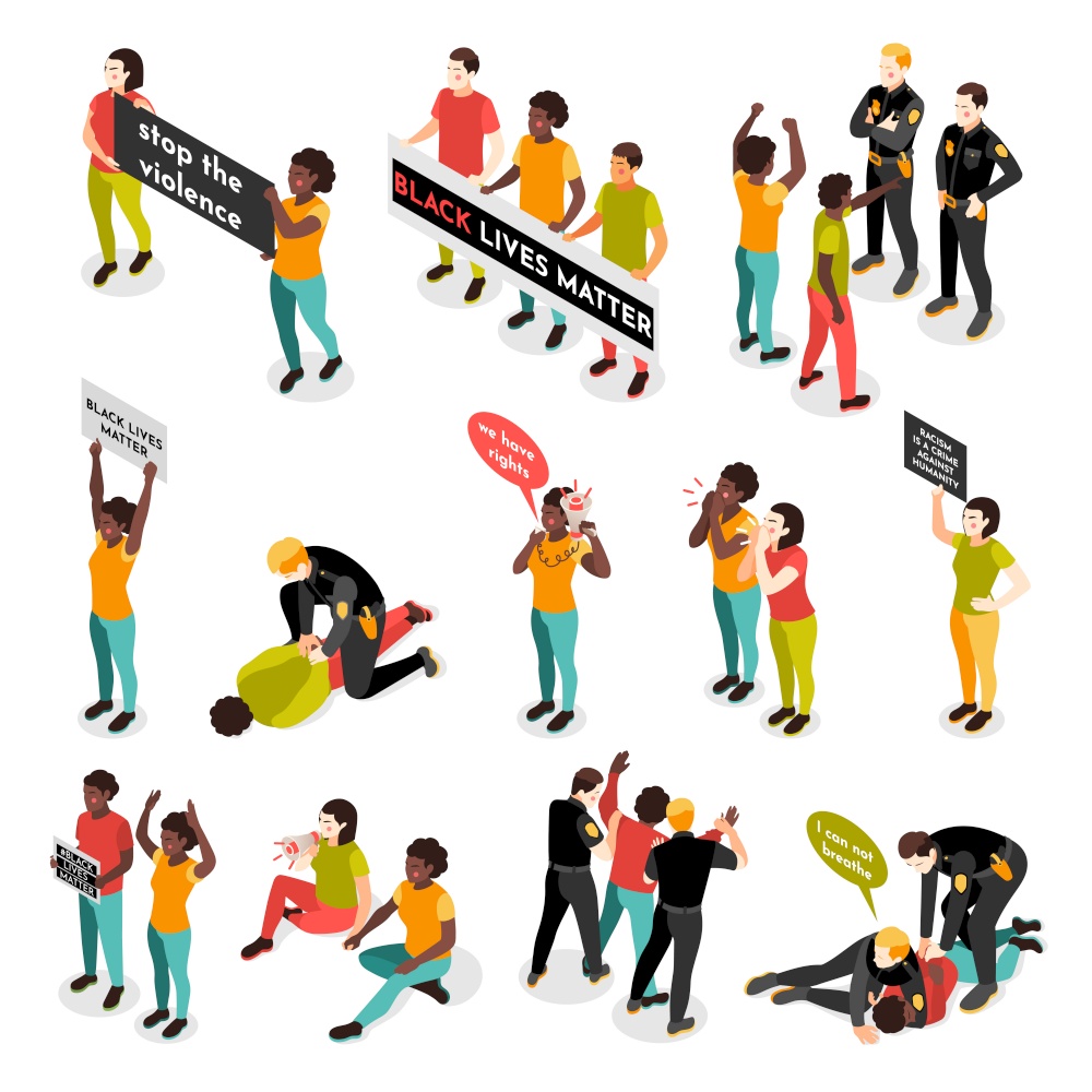 Black lives matter racial injustice street  protests riots demonstrators clashes with police arrests isometric set vector illustration