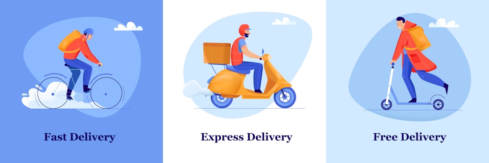 Fast and free delivery service flat design concept with men delivering packages by bike motorbike and scooter isolated vector illustration