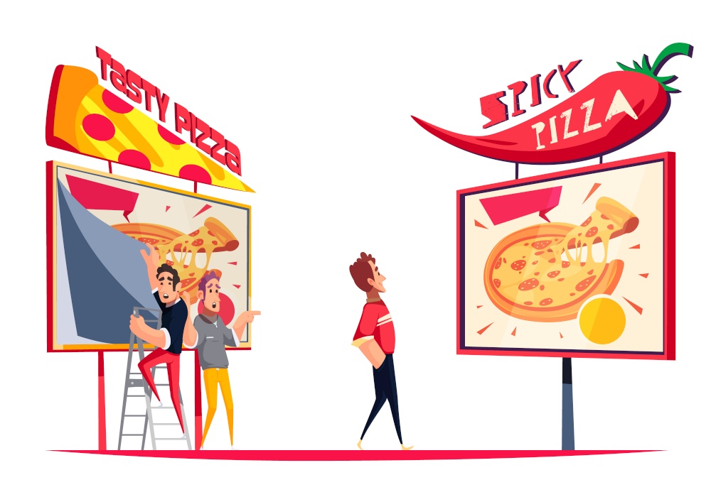 Microstock originality concept with two similar pizza advertising billboards vector illustration