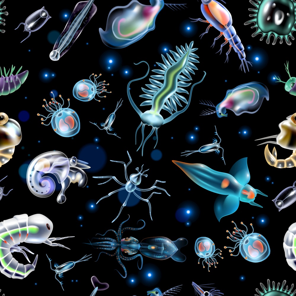 Colorful abstract pattern consisting of glowing lights and luminescent images of marine plankton on dark background vector illustration. Plankton Abstract Pattern