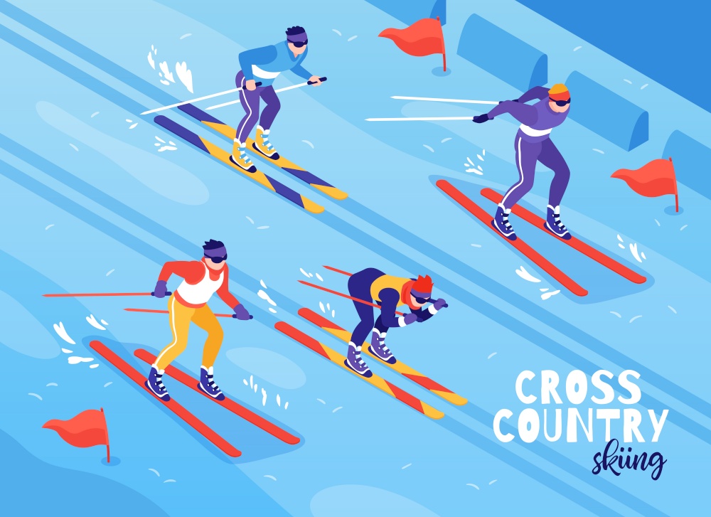 Skiing winter outdoor sport race contestants isometric composition with ski tracking slope background vector illustration. Skiing Isometric Composition
