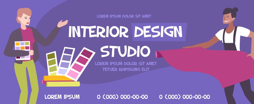 Design interior banner background with flat human characters of designers and advertising text with phone numbers vector illustration. Interior Design Studio Banner