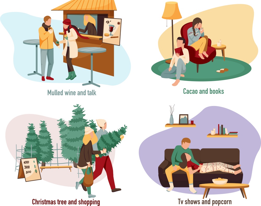Cozy winter flat 4x1 set of compositions with text captions and people during christmas eve activities vector illustration. Cozy Winter Flat Set