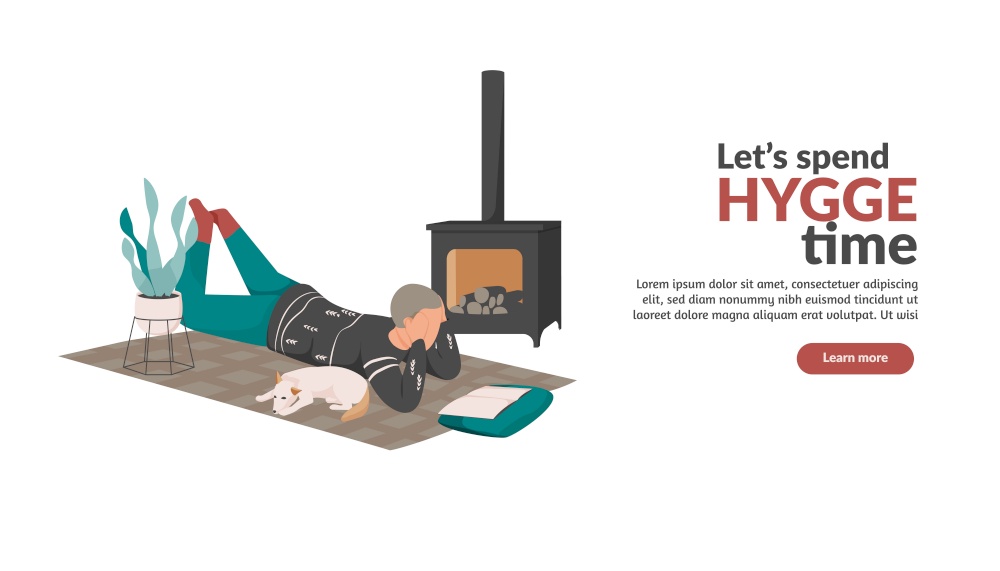 Hygge lifestyle flat background with editable text clickable learn more button and images of leisure activity vector illustration. Spending Hygge Tume Background
