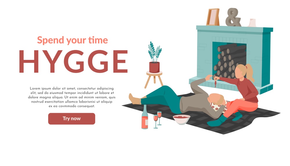 Hygge lifestyle flat background with try now button editable text and image of couple at rest vector illustration. Hygge Relax Flat Background