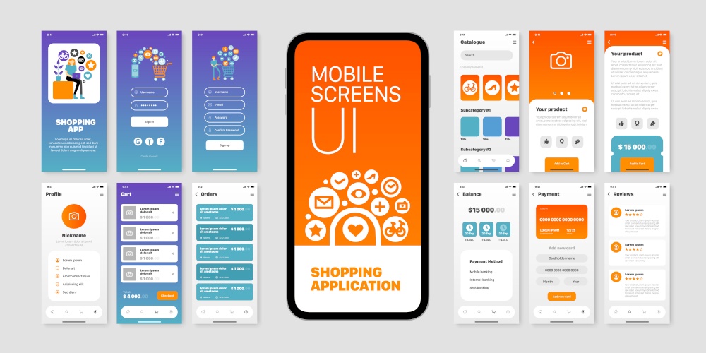Mobile screens set with user interface of shopping application isolated flat vector illustration. User Interfaces Of Shopping Application