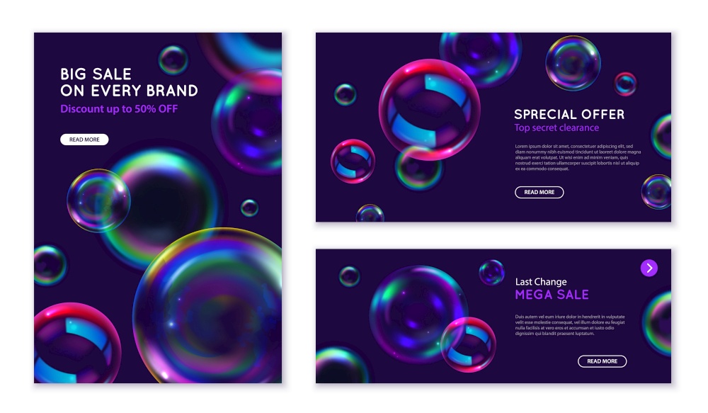 Soap bubbles marketing realistic banners set with special offer symbols isolated vector illustration. Soap Bubbles Marketing Banners Set