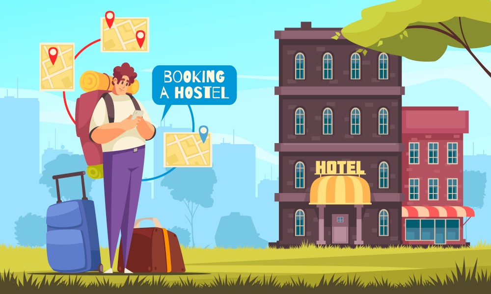 Colored flat travel booking booking hostel composition with booking the hostel online vector illustration