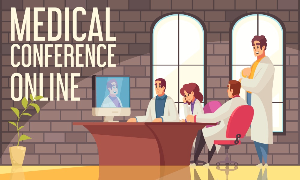 Online medical conference composition with doctors in office at online conference via computer vector illustration