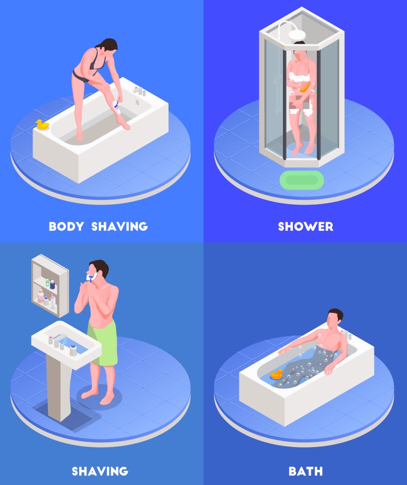 Personal hygiene concept isometric icons set with bathing and shaving symbols isolated vector illustration