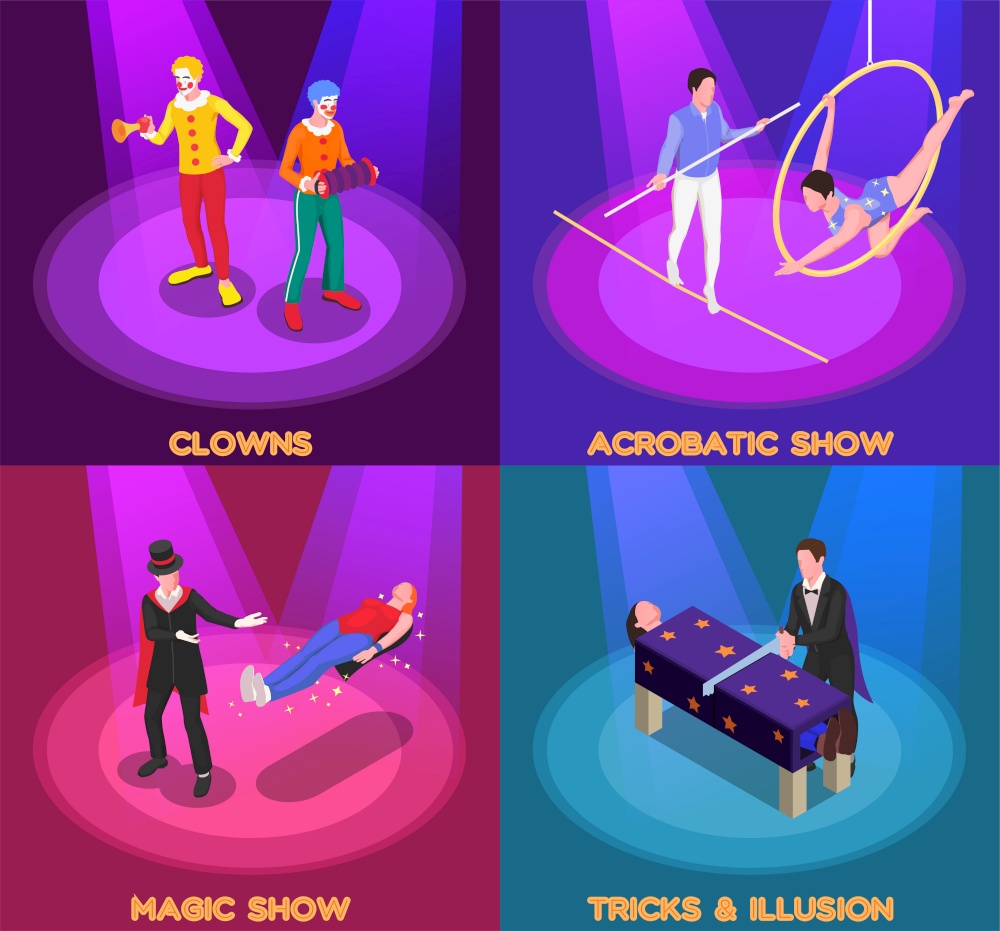 Circus show concept isometric icons set with clown and magic show symbols isolated vector illustration