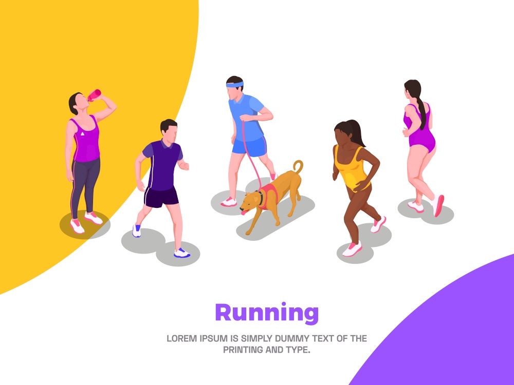 Running people poster with cardio workout symbols isometric vector illustration. Running People Poster