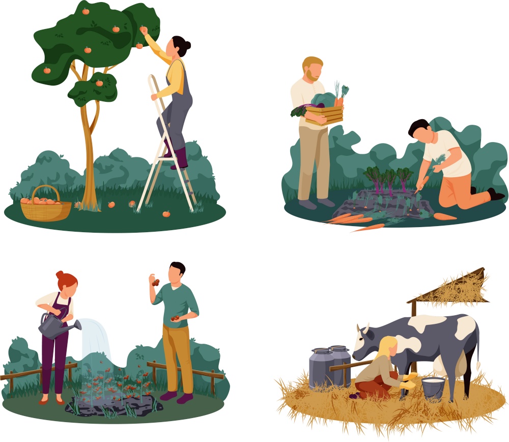 Organic farm 4x1 set of compositions with flat images of gardeners with trees plants and fruits vector illustration