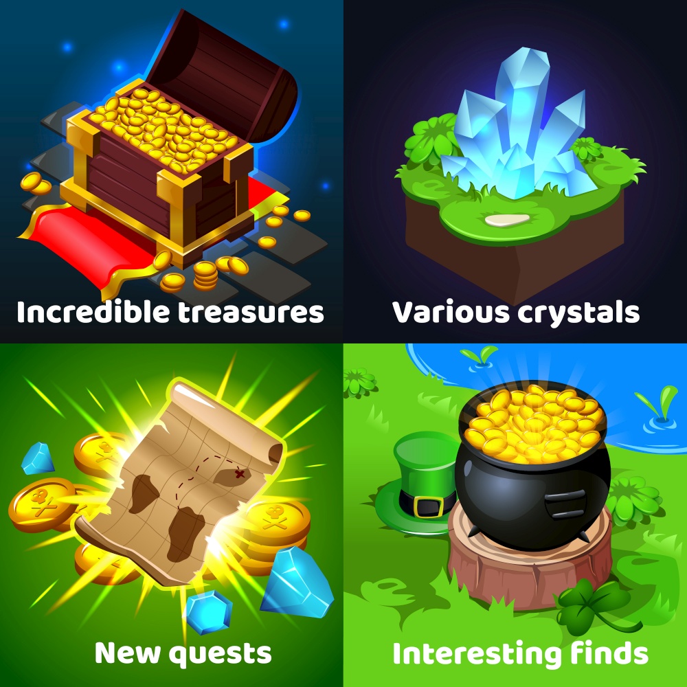 Treasure hunters discoveries 4 colorful isometric cartoon game images with pirates chest ancient scroll coins crystals vector illustration