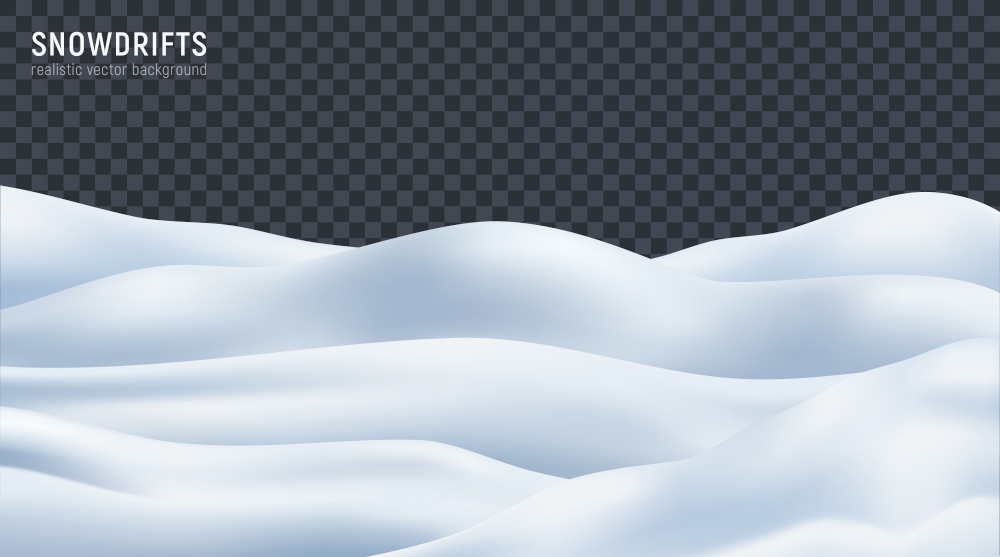 Snowdrift snow mound wavy surface closeup realistic image against dark transparent background vector illustration