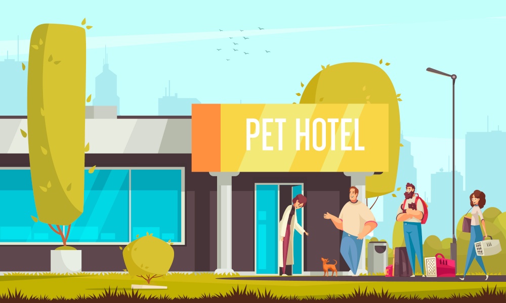 Pet sitter hotel composition with city street view and building entrance with queue of pets masters vector illustration