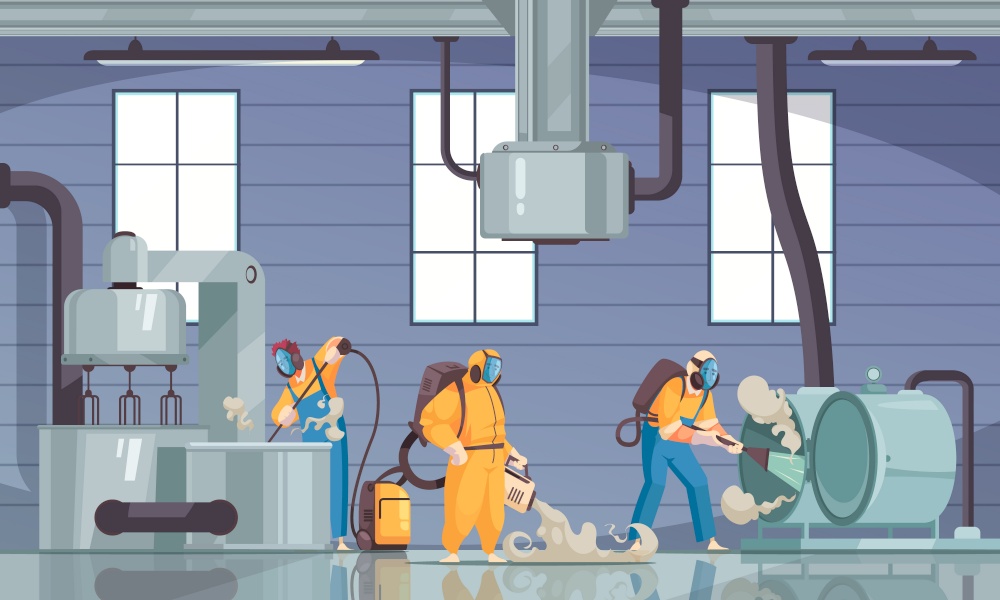 Cleaning industrial composition with group of professional equipped cleaners with detergent chemicals and factory machinery units vector illustration